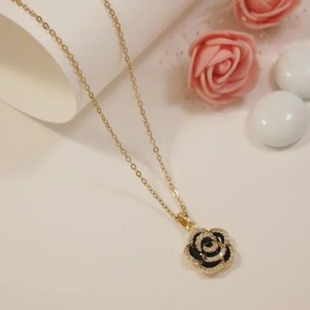 Gold Plated Black Camellia Zircon Pendant Necklace